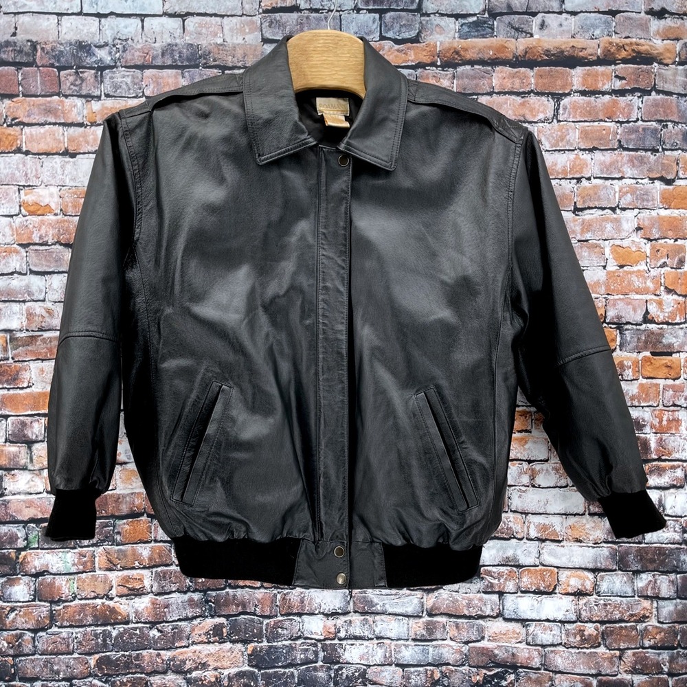 Roamans Leather Bomber Jacket Womens Large Black Zip Snap Padded Biker Coat